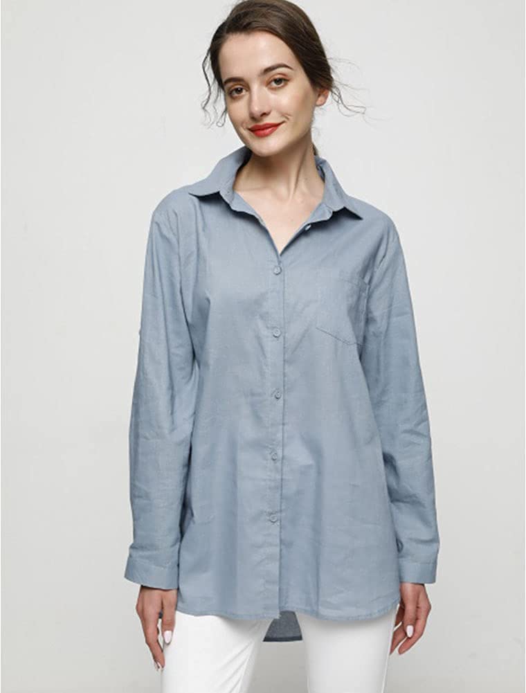 Minibee Women's Linen Blouse High Low Shirt Roll-Up Sleeve Tops Blue XL - Image 4
